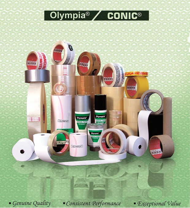 The complete Olympia and Conic range of adhesive tapes, thermal rolls and labels